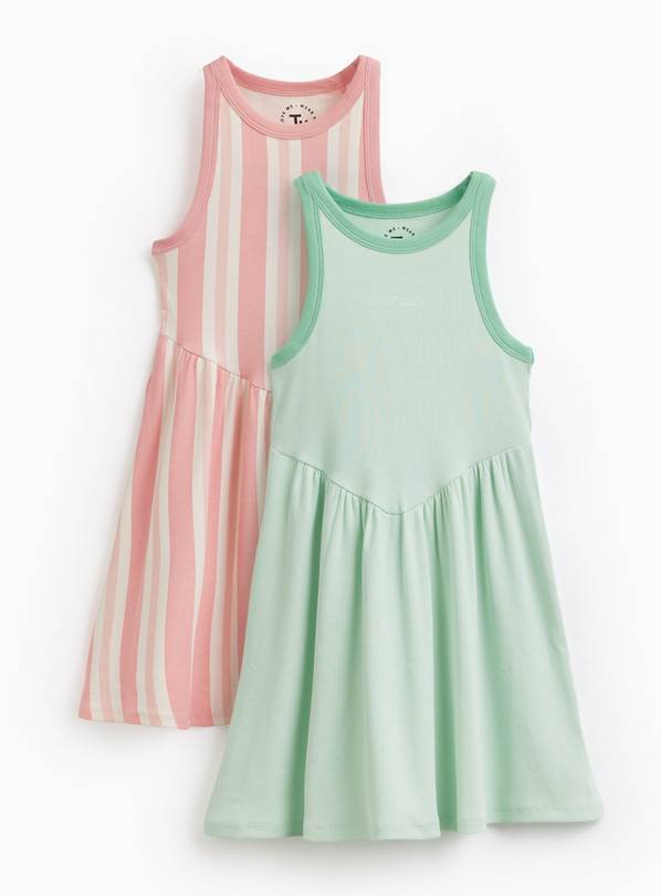 Green & Pink Stripe Ribbed Sleeveless Dresses 2 Pack 13 years